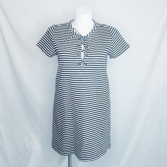 J. Crew Striped Lace Up Knit Dress Navy White Cotton - Picture 2 of 11